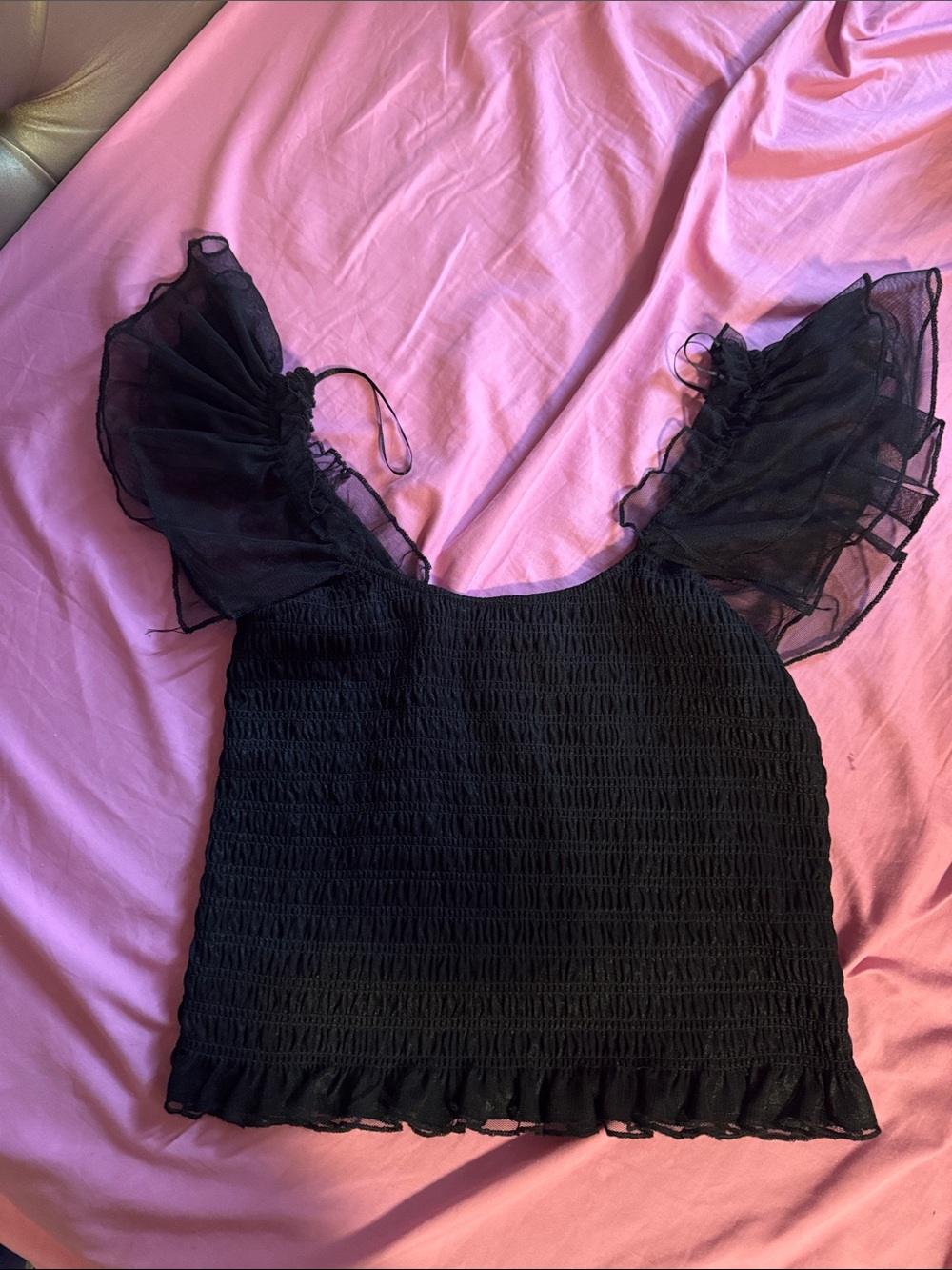 Sheer Ruffle Sleeve Smocked Black Crop Top - Women